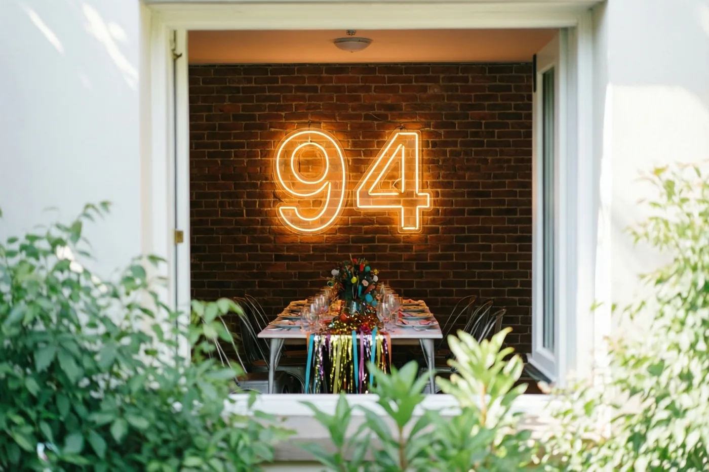 Door een deuropening is een gloeiend neongetal 94 op een bakstenen muur boven een versierde feesttafel te zien, met groen op de voorgrond en warm licht.