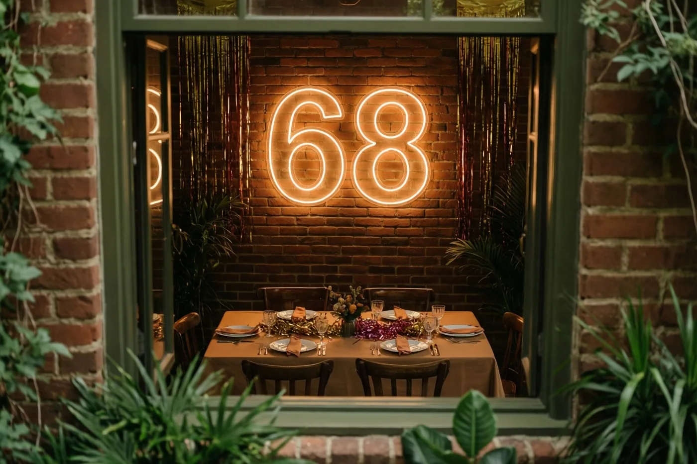 Door een raam met gouden slingers en groen is een feesttafel te zien onder een groot neongetal 68 tegen een bakstenen muur in warm licht.