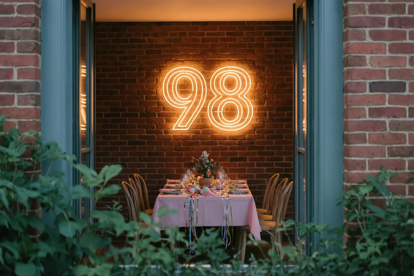Door een open deuropening met groen is een tafel met een roze kleed en slingers te zien, onder een warm neongetal 98 aan een bakstenen muur.