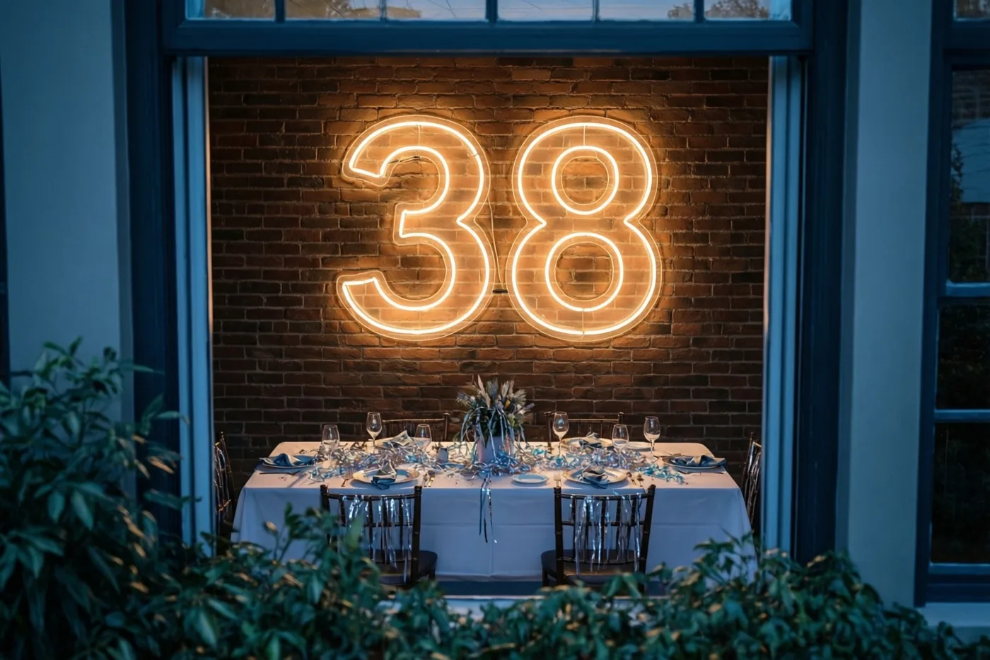 Door een raam met groen eromheen zie je een warm verlicht neonbord met 38 aan een bakstenen muur boven een feestelijk gedekte tafel.