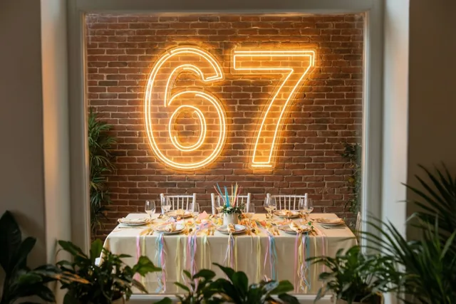 Een witte rand omlijst een verlicht neongetal 67 op een bakstenen muur boven een feestelijk gedekte tafel met groene planten eromheen.