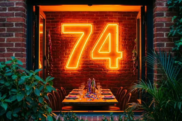 Een warm verlicht neongetal 74 hangt boven een gedekte feesttafel aan een bakstenen muur, gezien door een deuropening met groen eromheen.