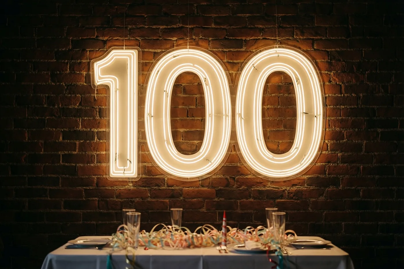 Een warmwit neongetal 100 hangt aan een donkere bakstenen muur boven een feesttafel met borden, glazen en kleurrijke slingers.