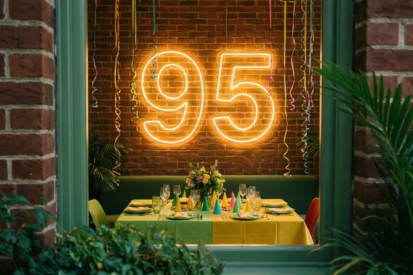 Door een raam is een feesttafel met een geelgroen tafellaken te zien onder een groot neongetal 95 en kleurrijke slingers, omgeven door bakstenen muren en groen.