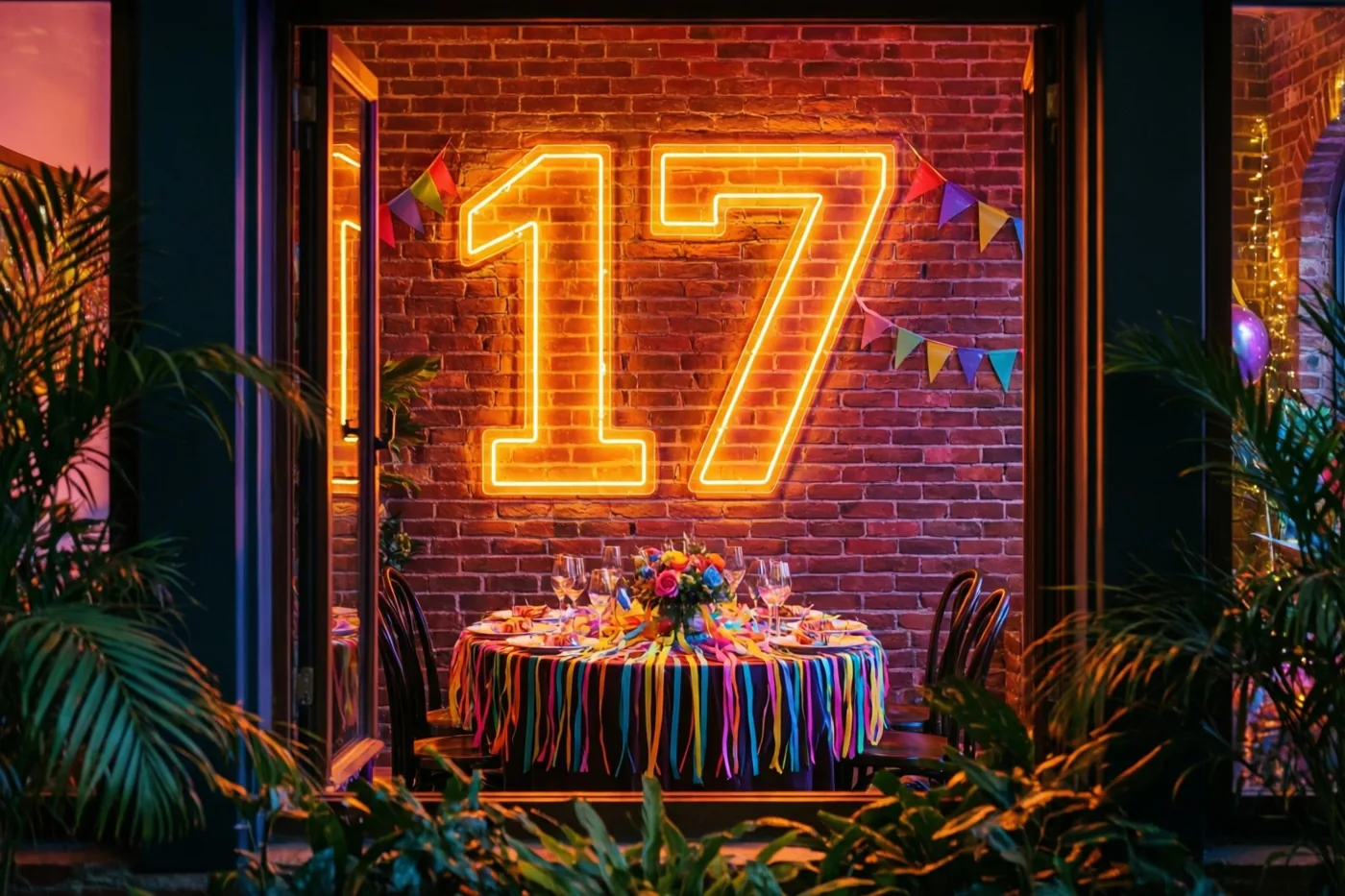 Een feesttafel met kleurrijke slingers staat onder een neongetal 17 aan een bakstenen muur, omlijst door een deuropening en groene planten in oranje en paars licht.