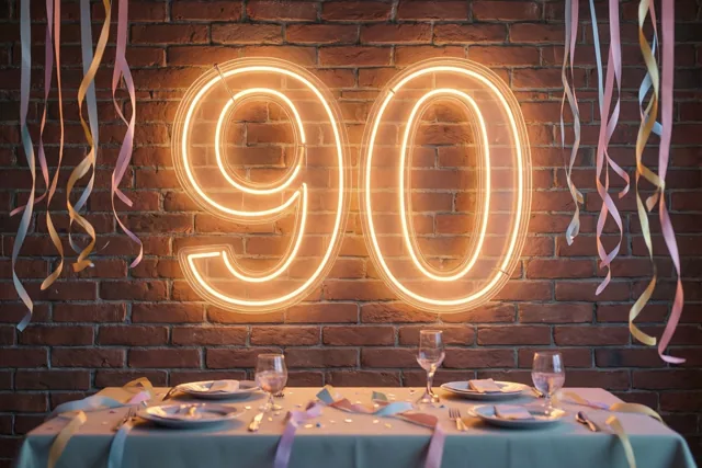 Een warm neongetal 90 hangt aan een rode bakstenen muur boven een feestelijk gedekte tafel met pastelkleurige slingers.