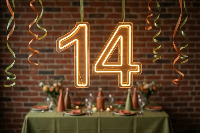Een lichtgevend neongetal 14 hangt boven een versierde feesttafel tegen een bakstenen muur, met kleurrijke slingers eromheen.