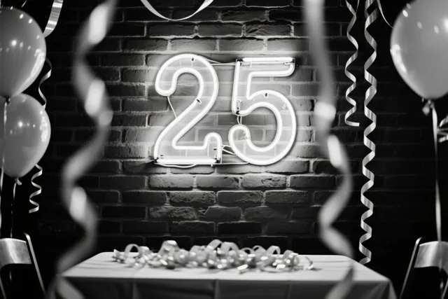 Een zwart-witfoto toont een gloeiend neonlicht met 25 aan een bakstenen muur boven een feesttafel met ballonnen en slingers.