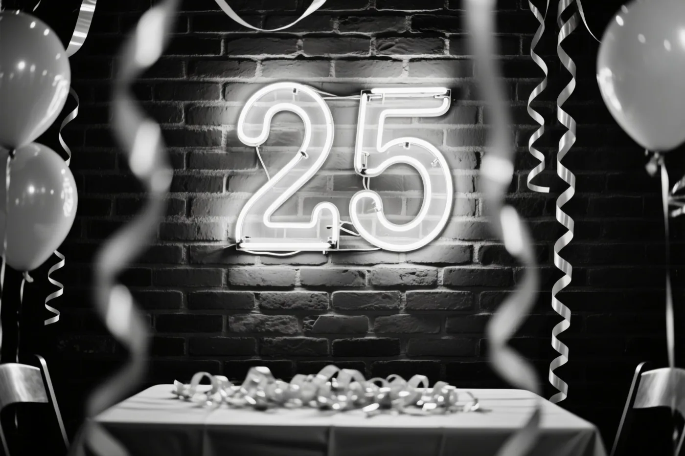 Een zwart-witfoto toont een gloeiend neonlicht met 25 aan een bakstenen muur boven een feesttafel met ballonnen en slingers.