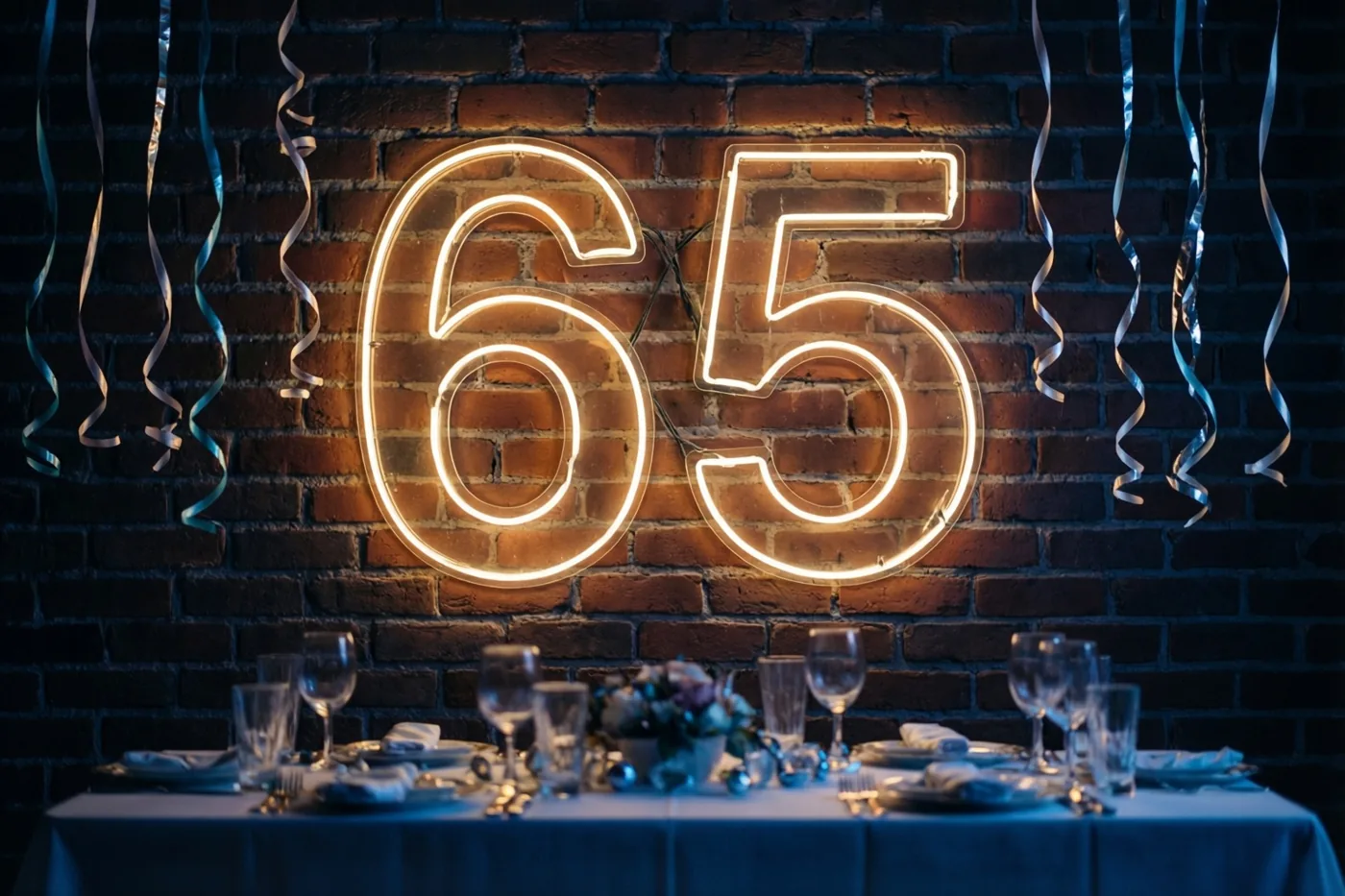 Een warm lichtgevend neongetal 65 hangt boven een gedekte tafel aan een donkere bakstenen muur, met zilveren slingers en geel en blauw licht.