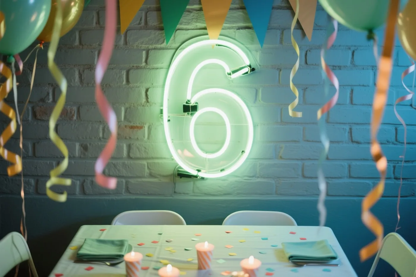 Een lichtgevend neoncijfer 6 hangt aan een witte bakstenen muur boven een feesttafel met kleurrijke slingers, ballonnen en brandende kaarsen.