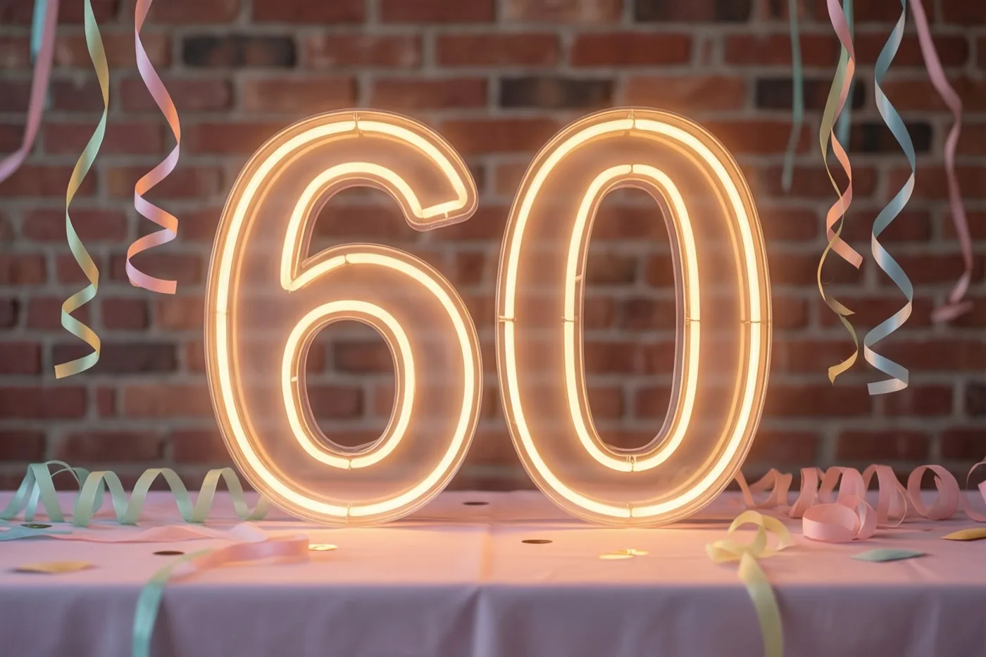 Een lichtgevend neongetal 60 staat op een tafel met een licht tafelkleed en kleurrijke slingers, voor een rode bakstenen muur.