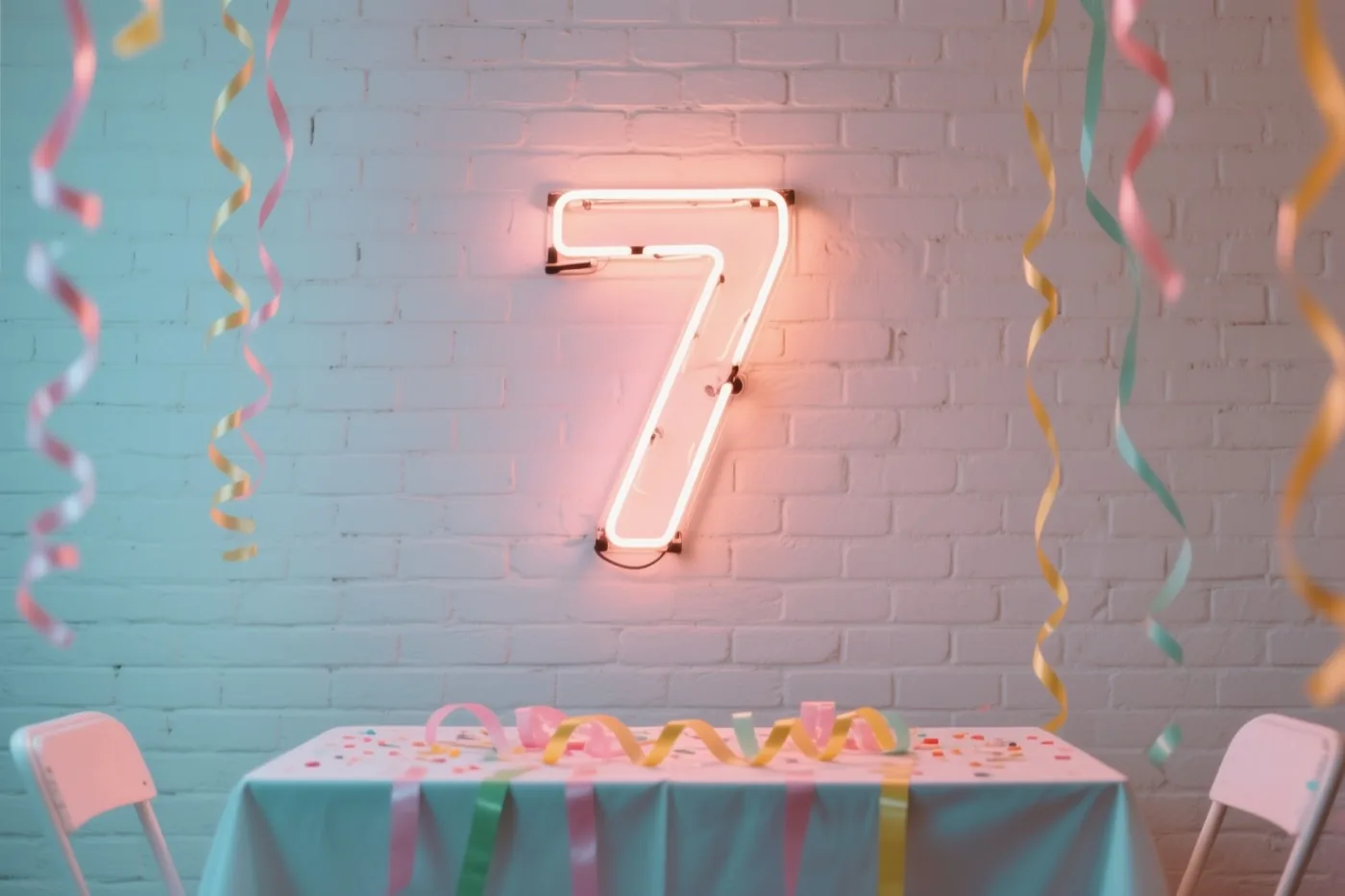 Een lichtgevend neoncijfer 7 hangt aan een witte bakstenen muur boven een feesttafel met slingers en confetti, in roze en blauw licht.