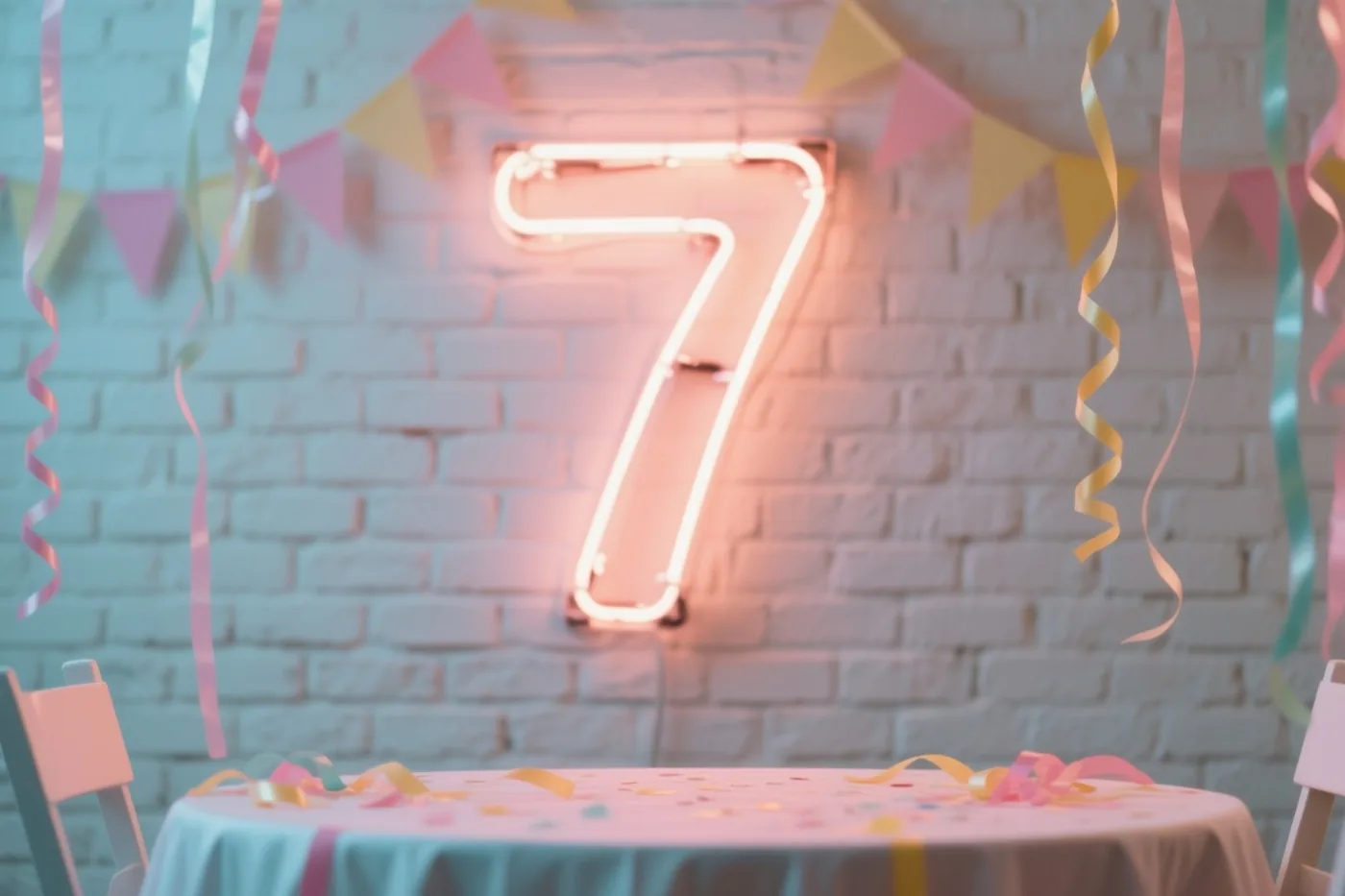 Een lichtgevend neoncijfer 7 hangt aan een witte bakstenen muur boven een feesttafel met slingers en confetti, omringd door kleurrijke vlaggetjes en krullende linten.