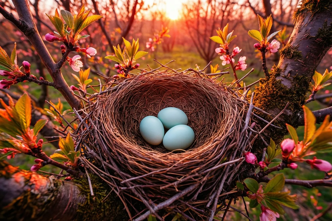 Een vogelnest met drie lichtblauwe eitjes ligt tussen takken met jonge groene bladeren en roze bloesems in goudkleurig avondlicht.