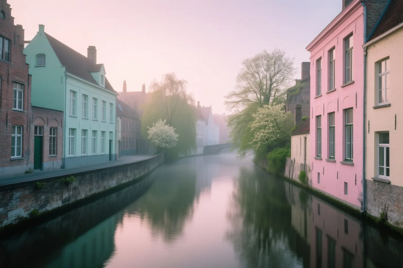 Nevel stijgt op boven een rustige stadsgracht met kleurrijke historische gebouwen en bloeiende bomen onder een zachtroze, bleke lucht.