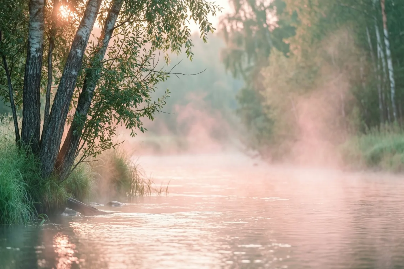 Een nevelige rivier stroomt bij dageraad traag tussen elzen, met het eerste zonlicht op het water en zachte roze, groene en bruine tinten.