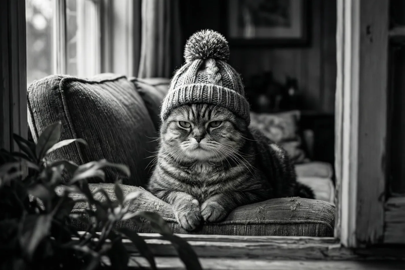 Een gestreepte kat met een norse blik en een gebreide pomponmuts zit op een zetelkussen met structuur bij een raam in zacht natuurlijk licht.
