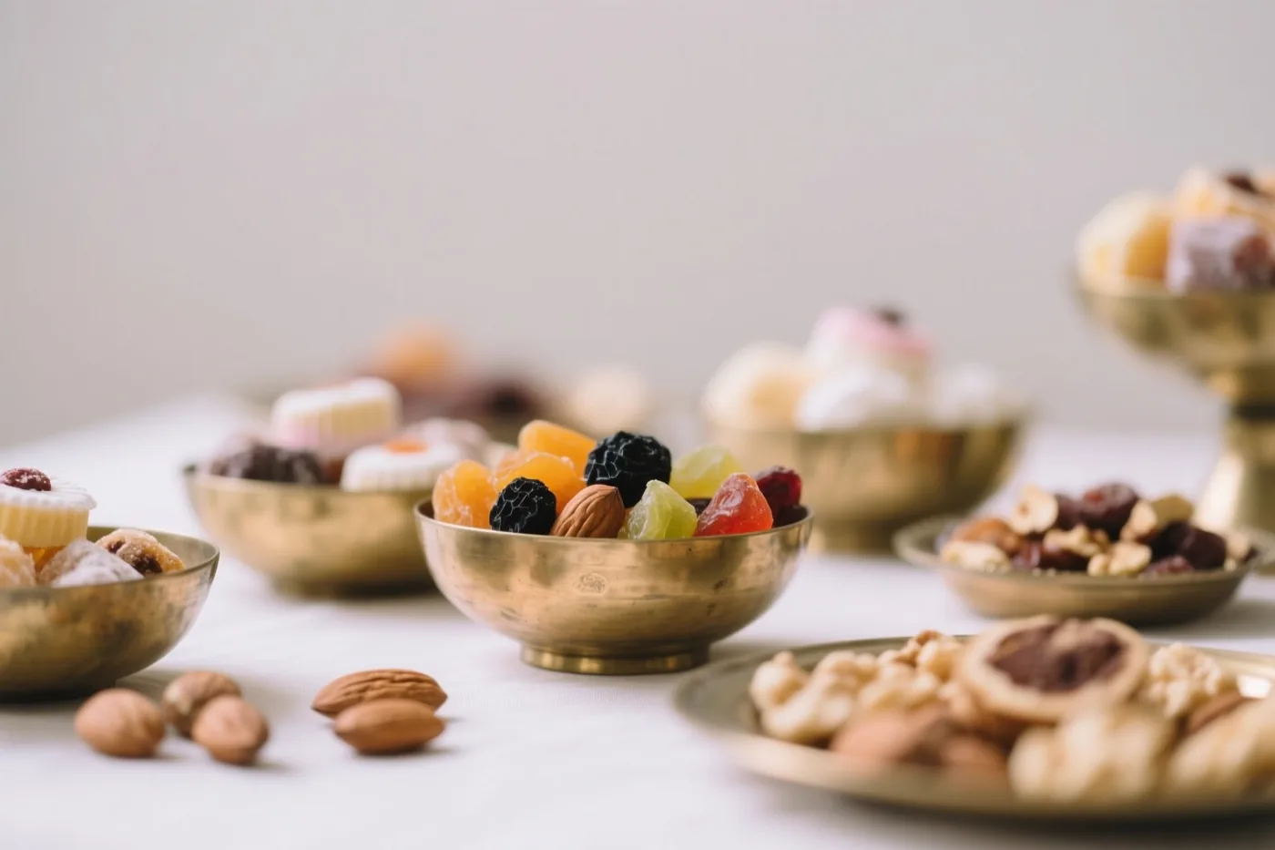 Messing kommen met gedroogd fruit, noten en zoetigheden staan op een witte ondergrond in gouden, witte en aardbruine tinten.