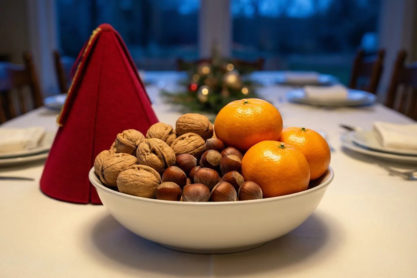 Een witte kom met walnoten, hazelnoten en mandarijnen staat op een wit tafelkleed naast een rode mijter, met gedekte plaatsen en een onscherpe kerstkrans op de achtergrond.