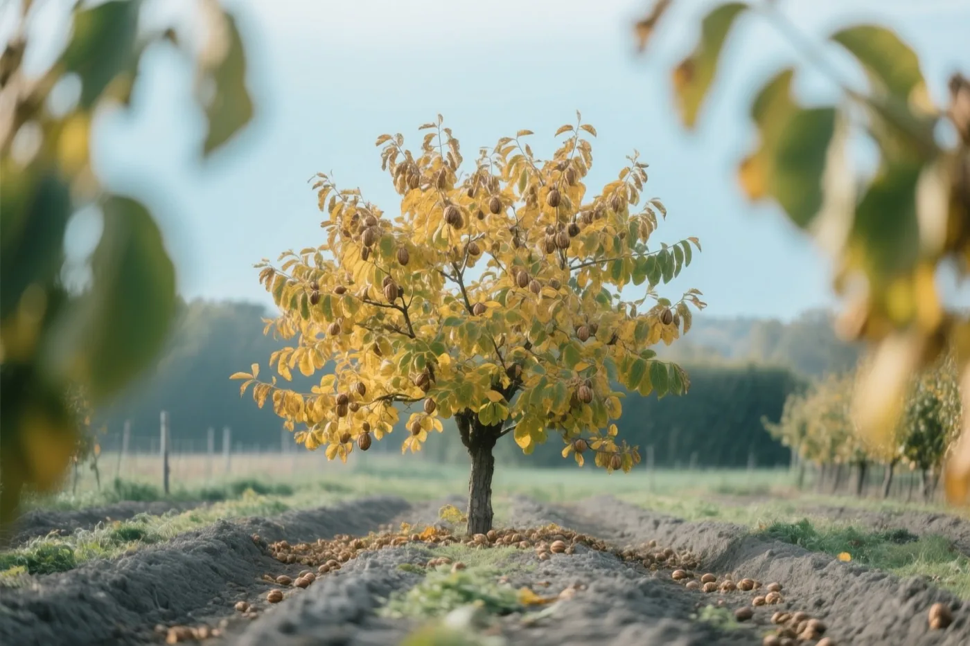 Een walnotenboom met goudgele bladeren staat op een omgewerkt boerenerf met gevallen walnoten onder een helderblauwe hemel.
