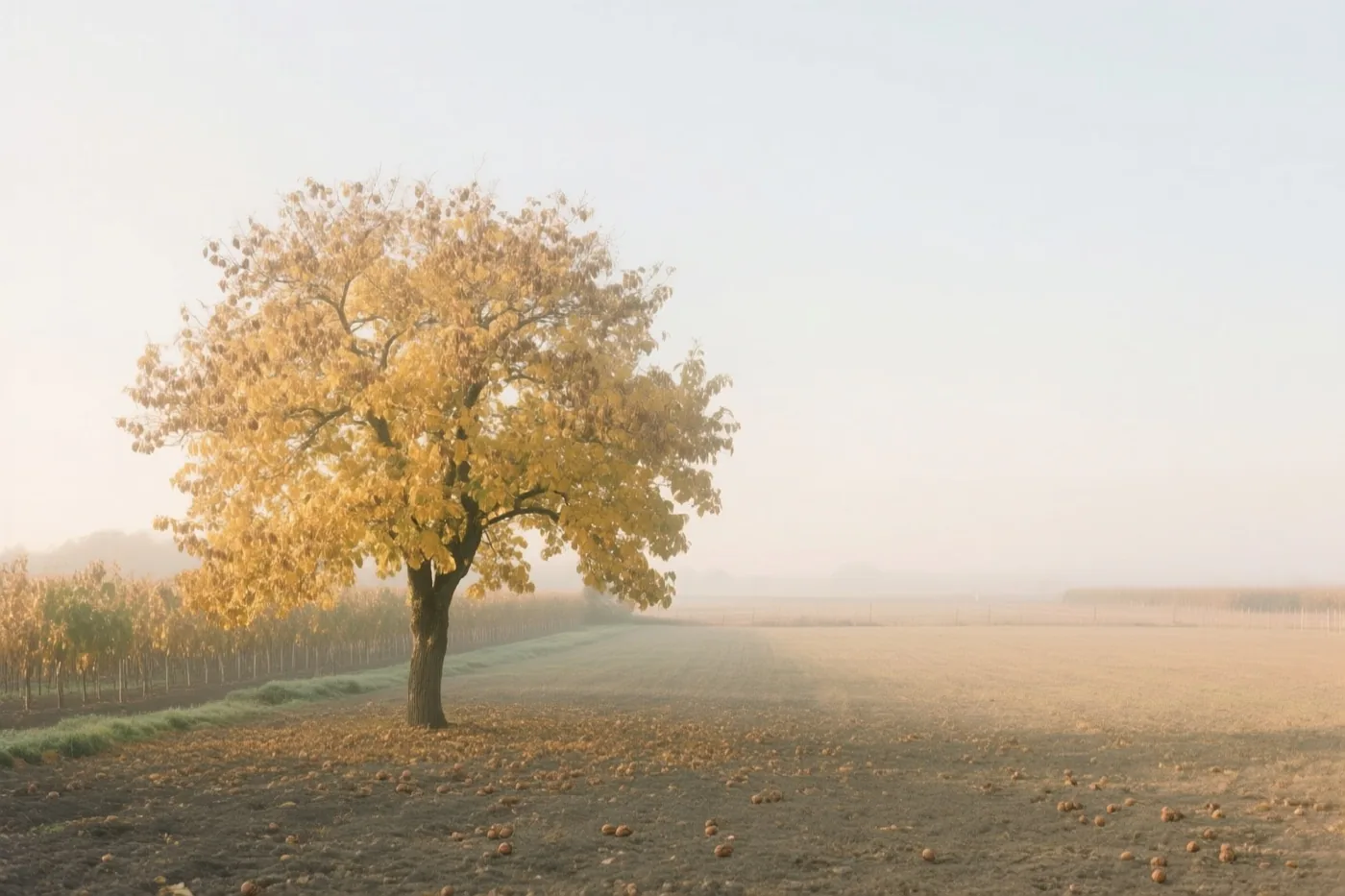 Een eenzame walnotenboom met gouden bladeren staat op een mistig boerenerf met verspreide walnoten op de grond in zacht warm licht.