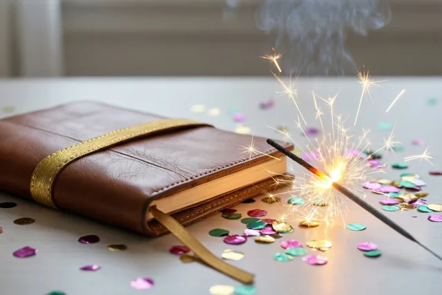 Een bruin leren notitieboek met een gouden lint ligt op een licht bureau naast kleurrijke confetti en een brandend sterretje waar vonken en rook uit komen.