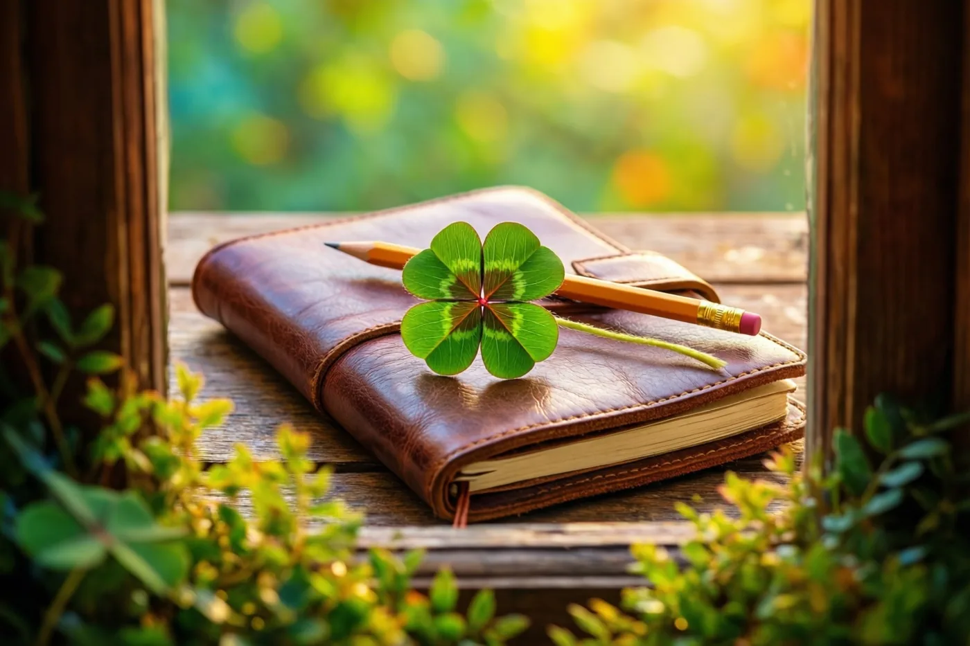 Een bruin leren notitieboek met een geslepen potlood en een klavertje vier ligt op een houten vensterbank tussen houten raamkozijnen en groen, in goudkleurig zonlicht.