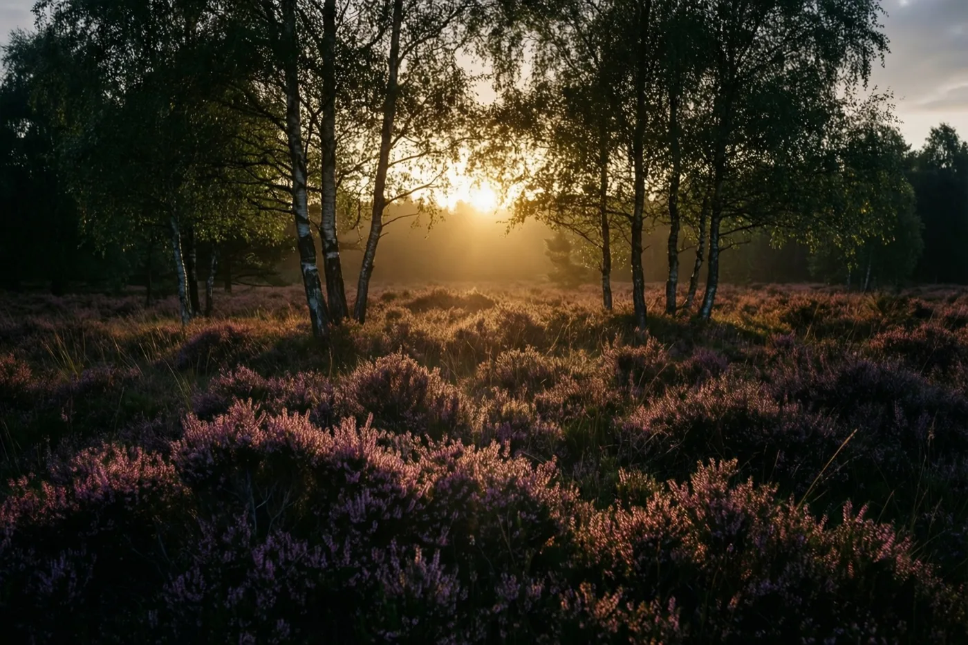 Het licht van de opkomende zon valt door een groep berken op paarse heide, met gouden, donkerpaarse en donkergroene tinten.