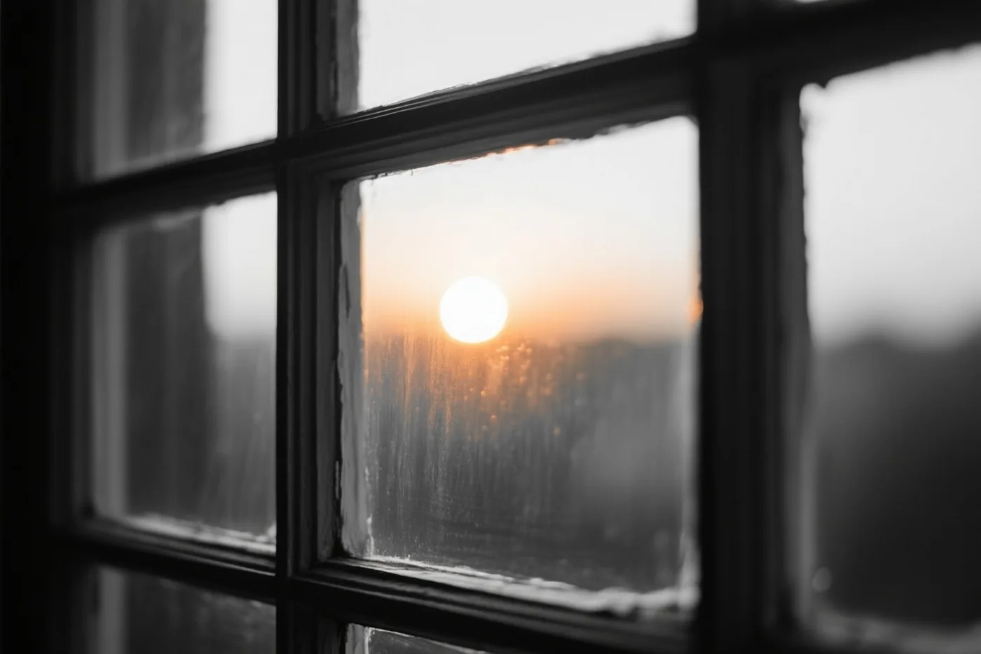 Door een natte ruit van een raam met meerdere vakken schijnt een heldere opkomende zon, met oranje en witte tinten tegen een monochrome achtergrond.