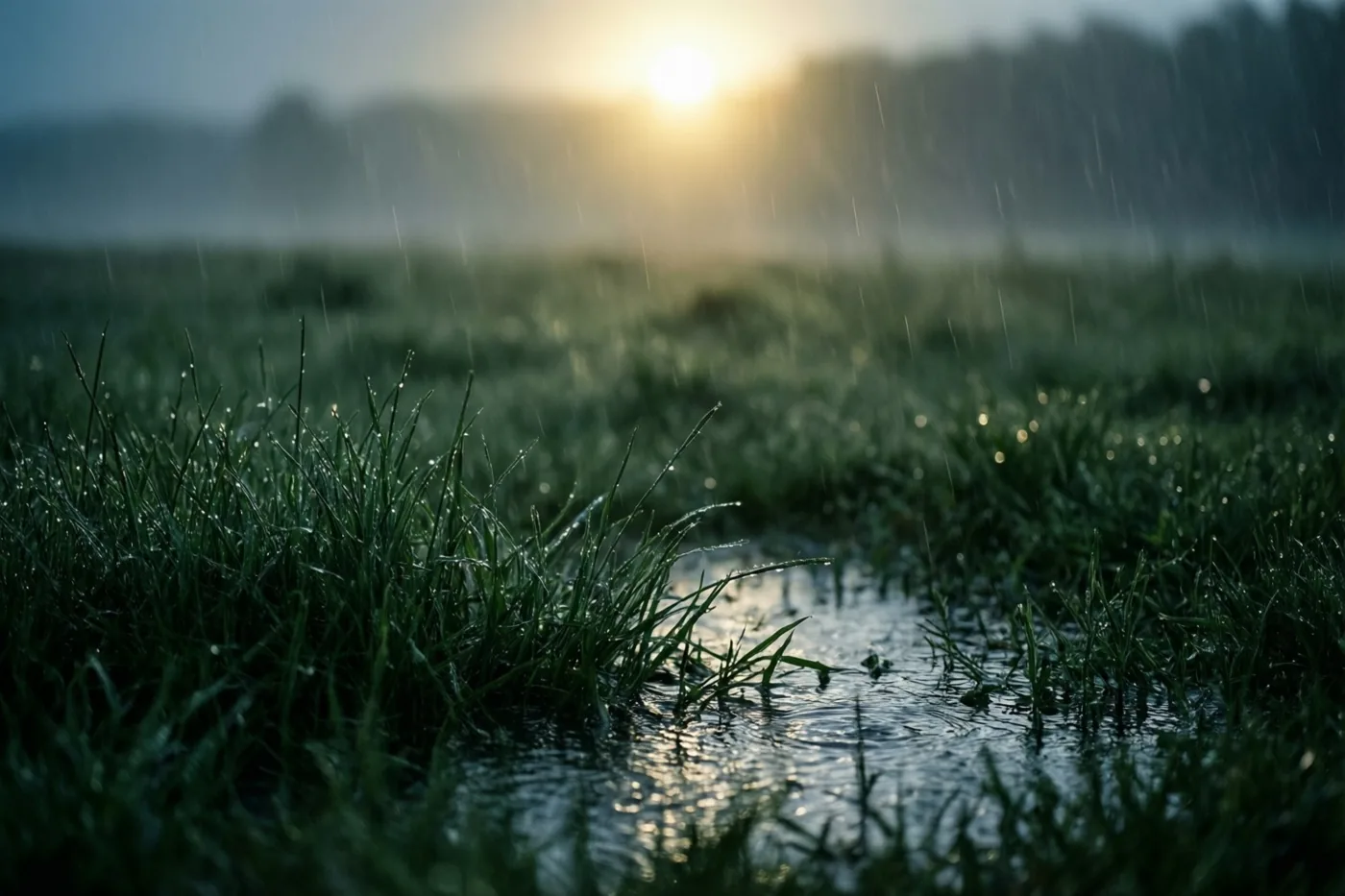 Van laag bij de grond zie je regen op nat gras en een kleine plas waarin de opkomende zon weerspiegelt, onder een wazige hemel.