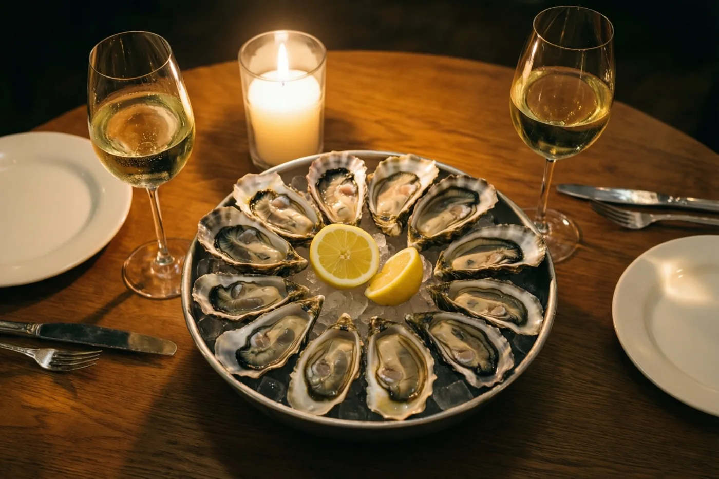 Een houten tafel voor twee is bij kaarslicht gedekt met een schaal oesters op ijs, halve citroenen en twee glazen witte wijn.