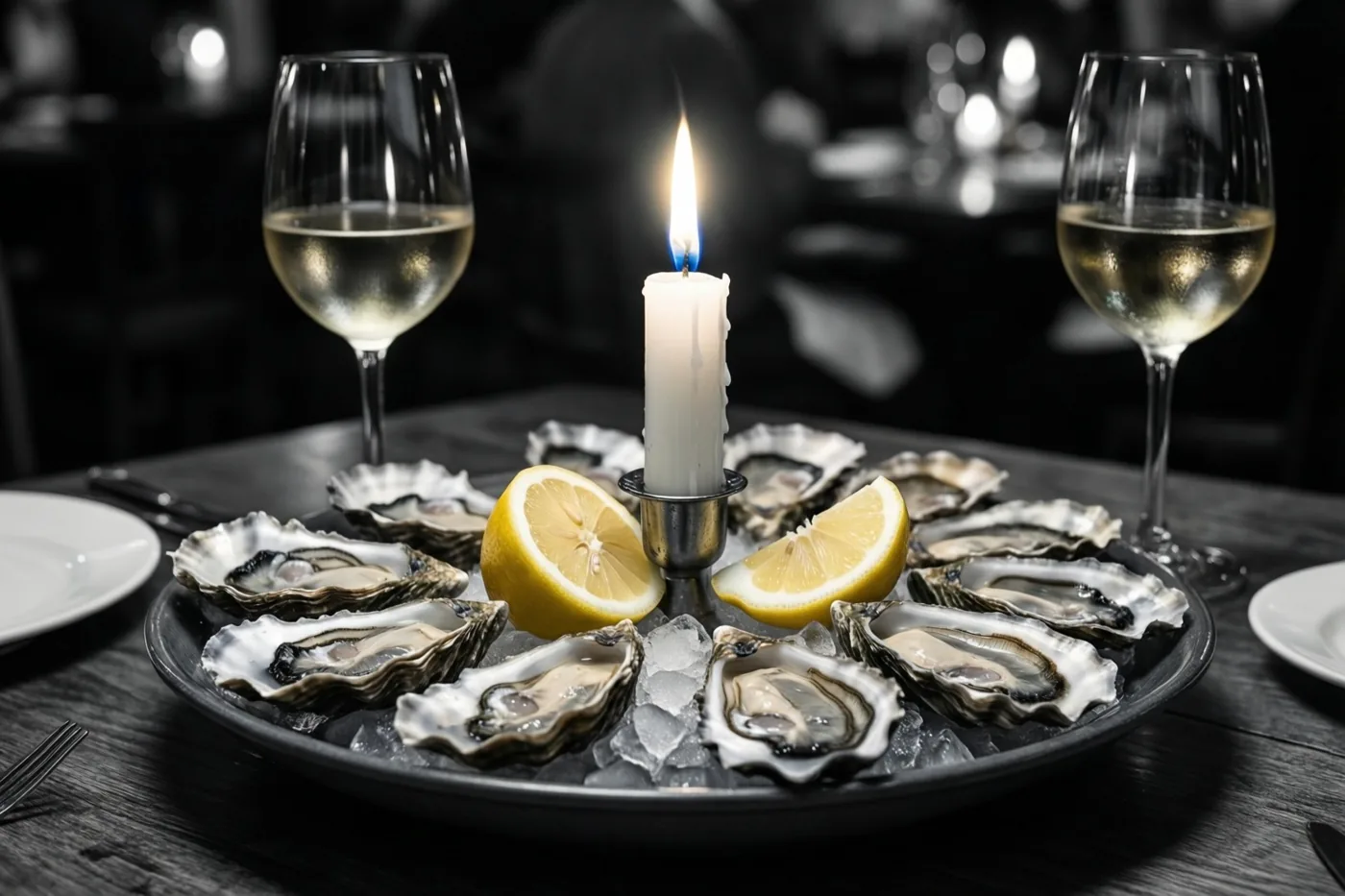 Een schaal oesters op ijs met halve citroenen staat tussen twee glazen witte wijn op een tafel voor twee bij kaarslicht in een schemerig restaurant.