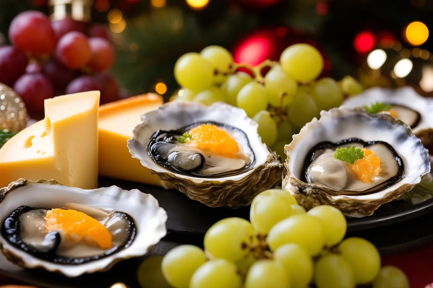 Oesters met oranje viseitjes liggen naast kaas en groene druiven, met onscherpe kerstlichtjes en kerstversiering op de achtergrond.