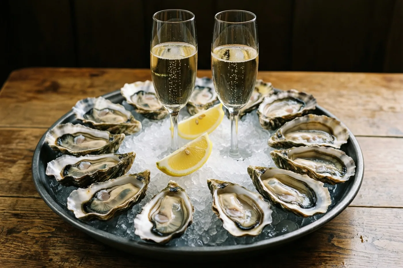 Een schaal verse oesters op fijngestampt ijs met partjes citroen staat naast twee glazen champagne op een houten tafel.
