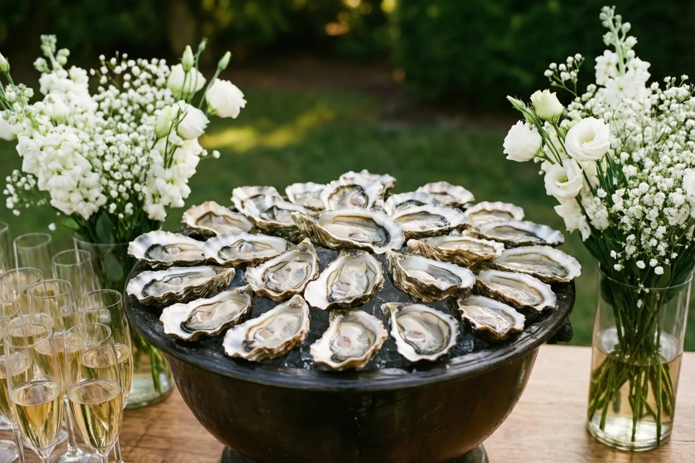 Een grote zwarte kom met oesters op ijs staat op een houten tuintafel, tussen hoge vazen met witte bloemen en rijen champagneglazen.
