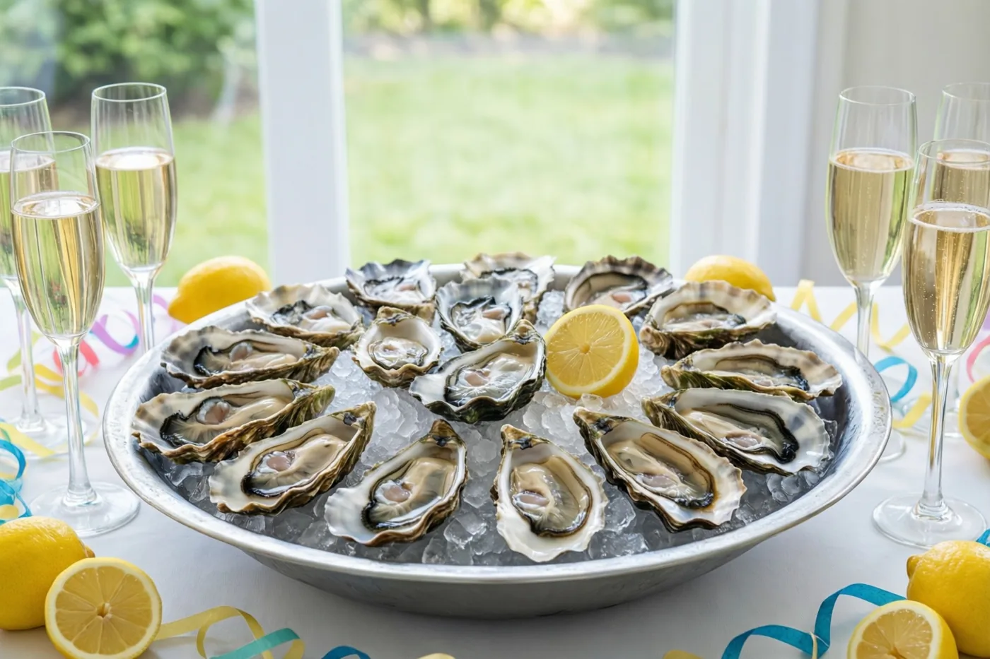 Een zilveren schaal oesters op fijngestampt ijs met citroenpartjes staat tussen champagneglazen en kleurrijke slingers op een wit tafelkleed bij een raam met zicht op een groen gazon.