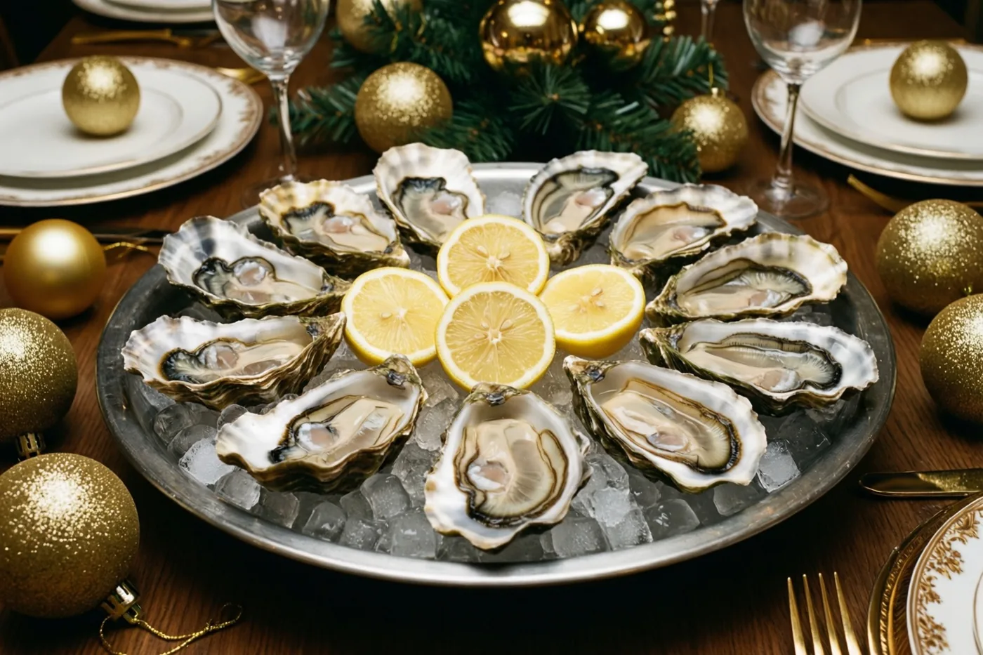 Een zilveren schaal met verse oesters op fijngestampt ijs en schijfjes citroen staat op een houten tafel met gouden kerstversieringen en groen.