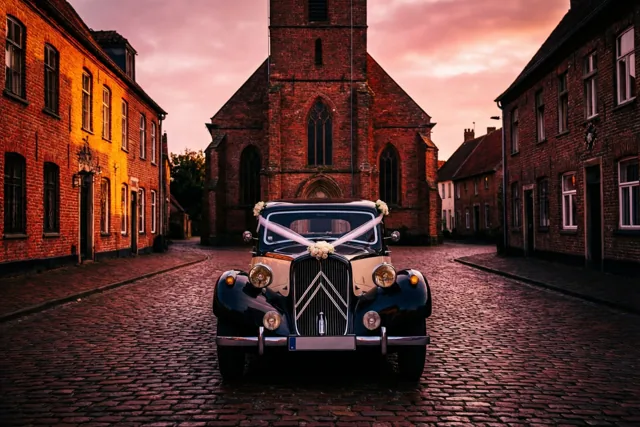 Avondgloed op jullie trouwauto