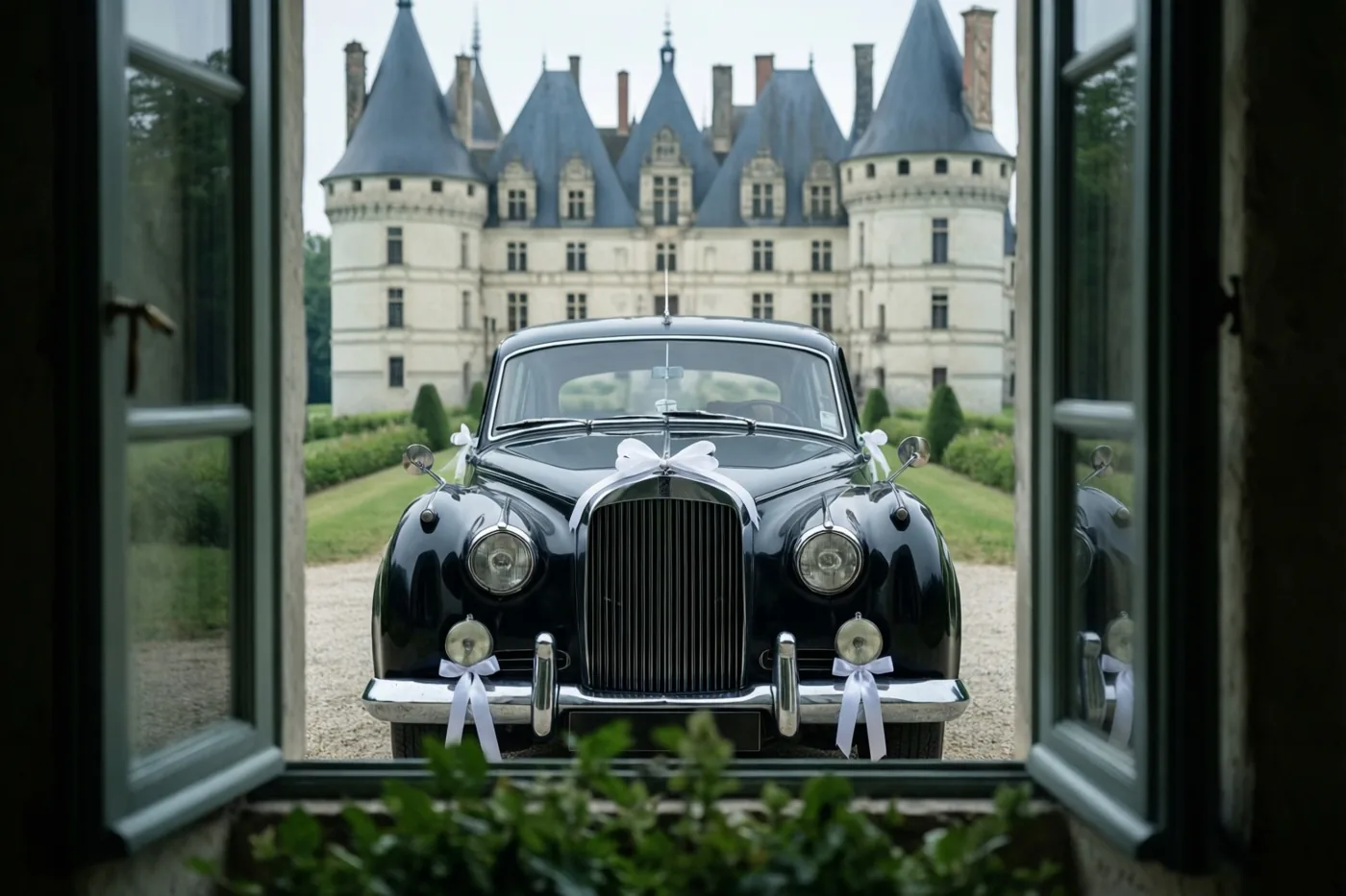Door een open houten raam is een zwarte oldtimer met witte linten voor een groot kasteel te zien, met groen op de voorgrond.