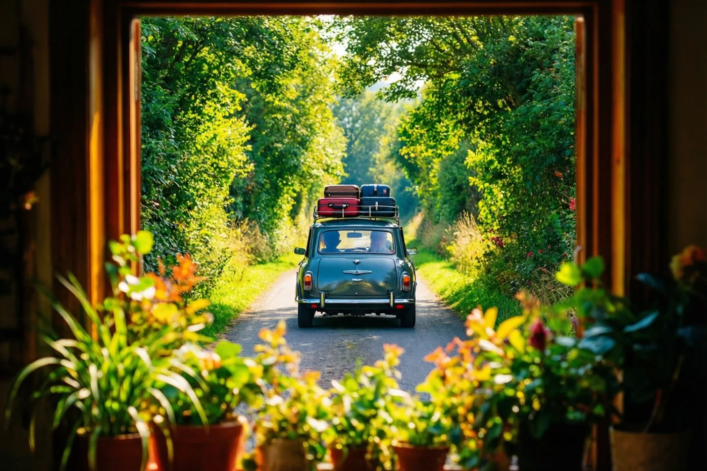 Door een raam met een houten kozijn en potplanten op de voorgrond is een oldtimer met dakbagage te zien die in warm zonlicht wegrijdt over een weg met bomen.