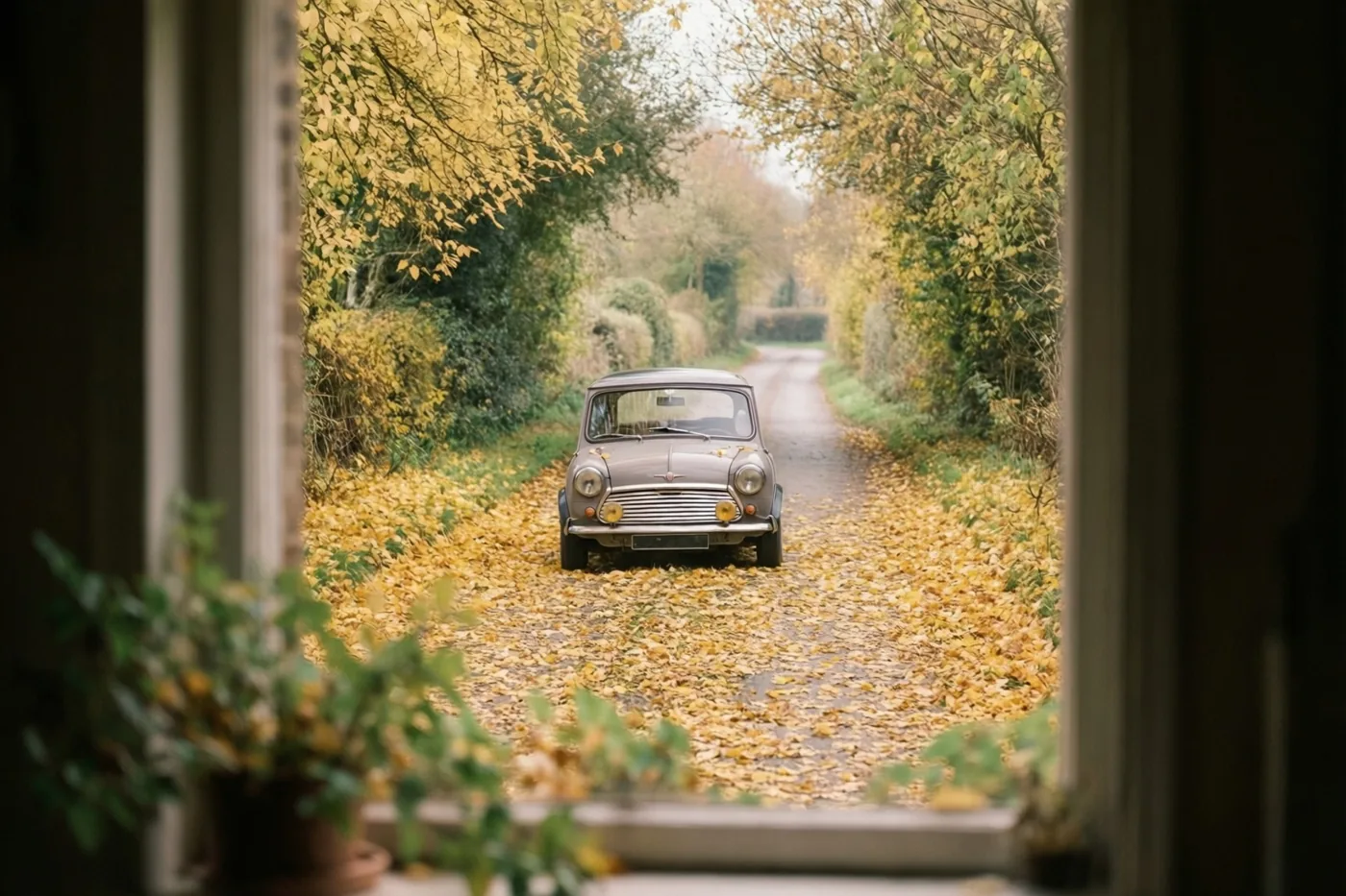 Door een raam met een potplant op de voorgrond zie je een oldtimer op een smal landweggetje vol goudgele bladeren tussen bomen in herfstkleuren.