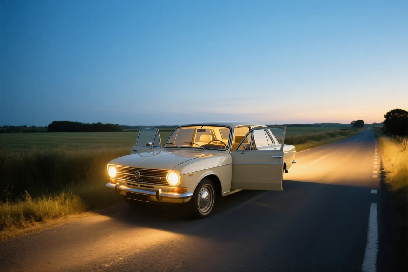 Een crèmekleurige oldtimer staat met open deuren op een landweg in de schemering, met koplampen op het asfalt en een lucht die van blauw naar oranje overgaat.