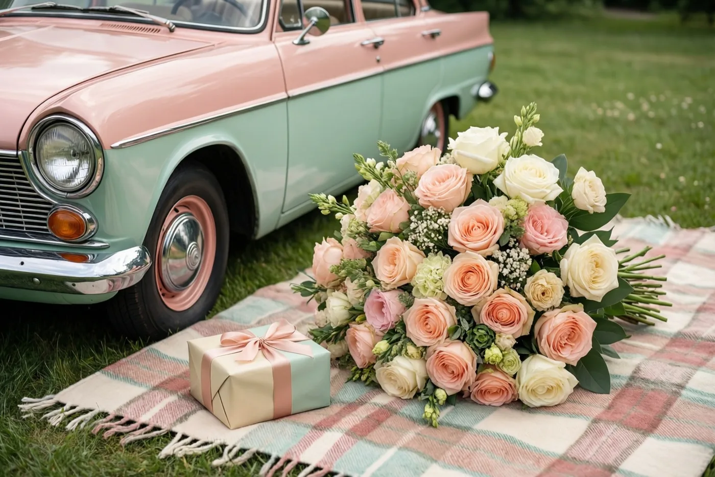 Een tweekleurige auto uit de jaren zestig staat naast een picknickdeken op het gras, met roze en witte rozen en een klein cadeaudoosje met een roze lint.
