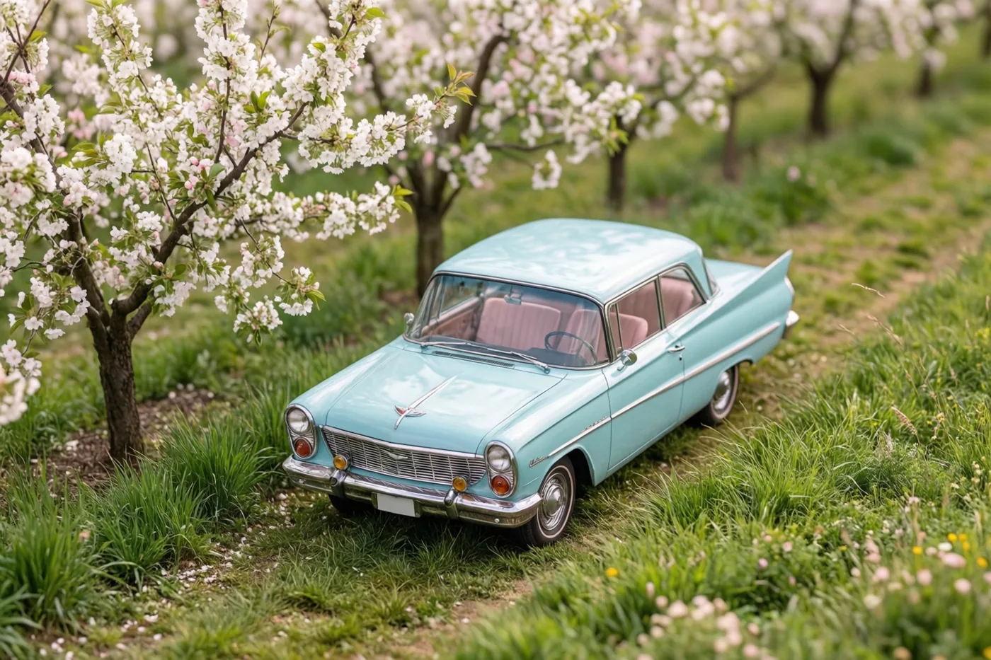 Een pastelblauwe oldtimer staat op een grasberm naast witbloeiende kersenbomen in een boomgaard, met zacht daglicht en een onscherpe achtergrond.