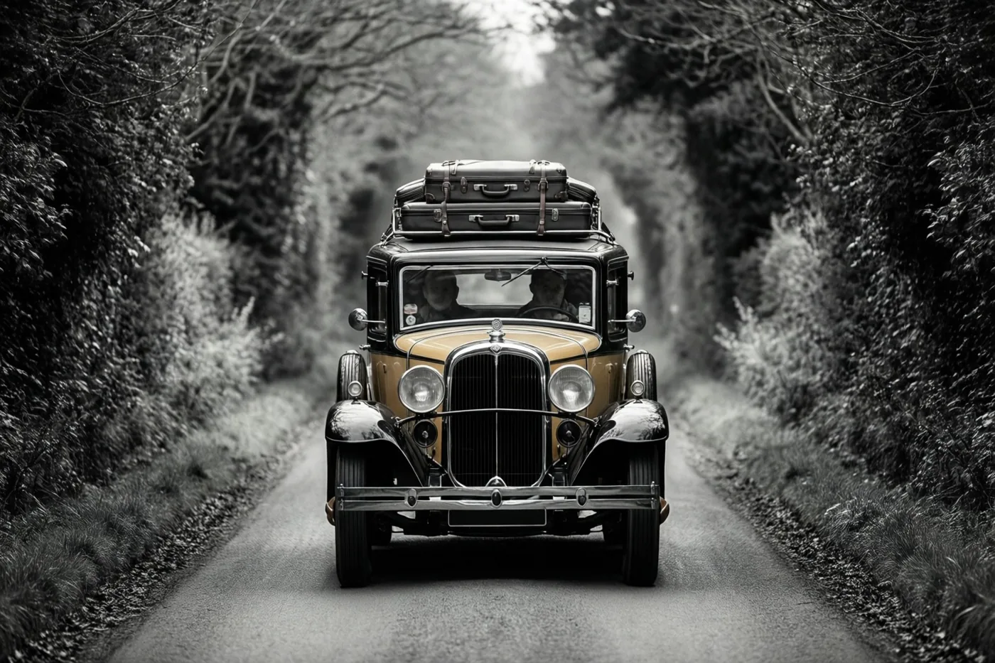 Een oldtimer met bagage op de dakdrager rijdt over een smalle weg met bomen, in een grotendeels zwart-witbeeld waarin de carrosserie kleur behoudt.