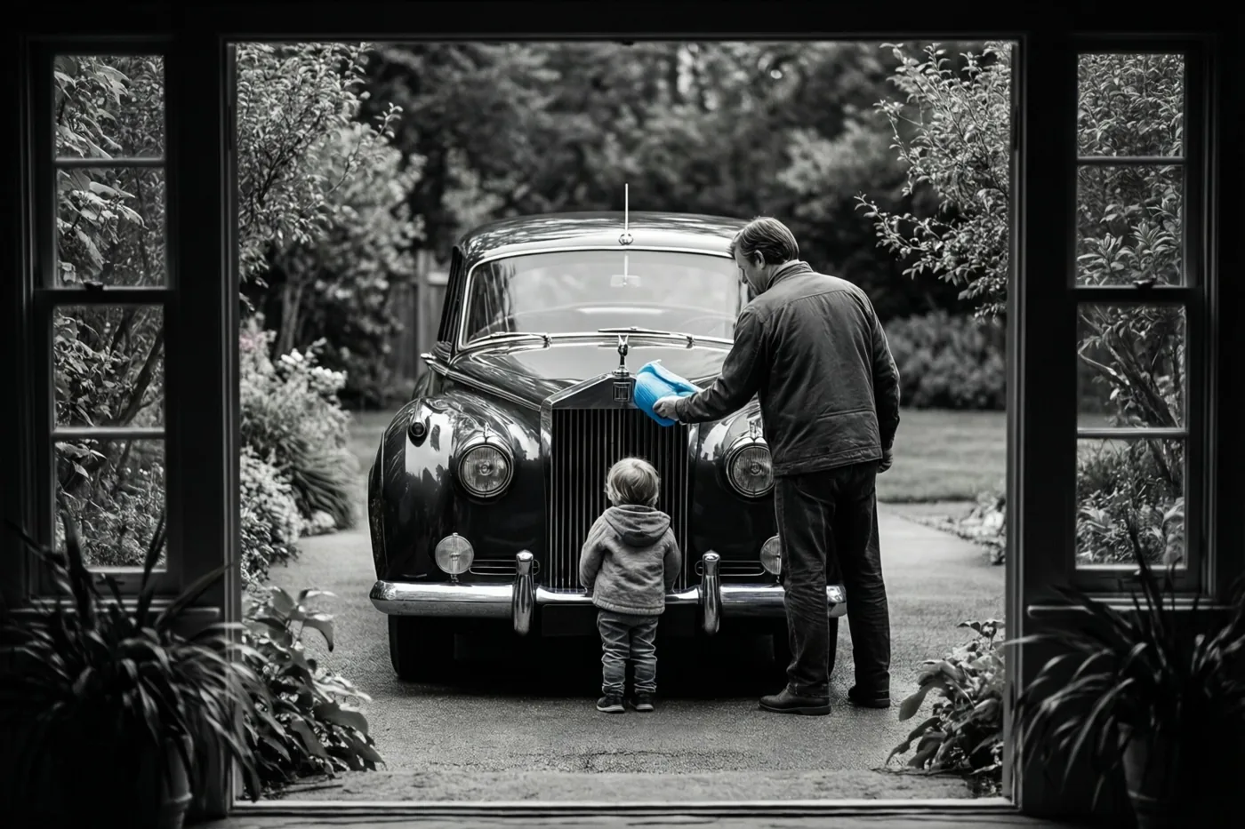 Door een raam zijn een vader en kind van achteren te zien terwijl ze samen een oldtimer poetsen op een oprit in een zwart-witbeeld.