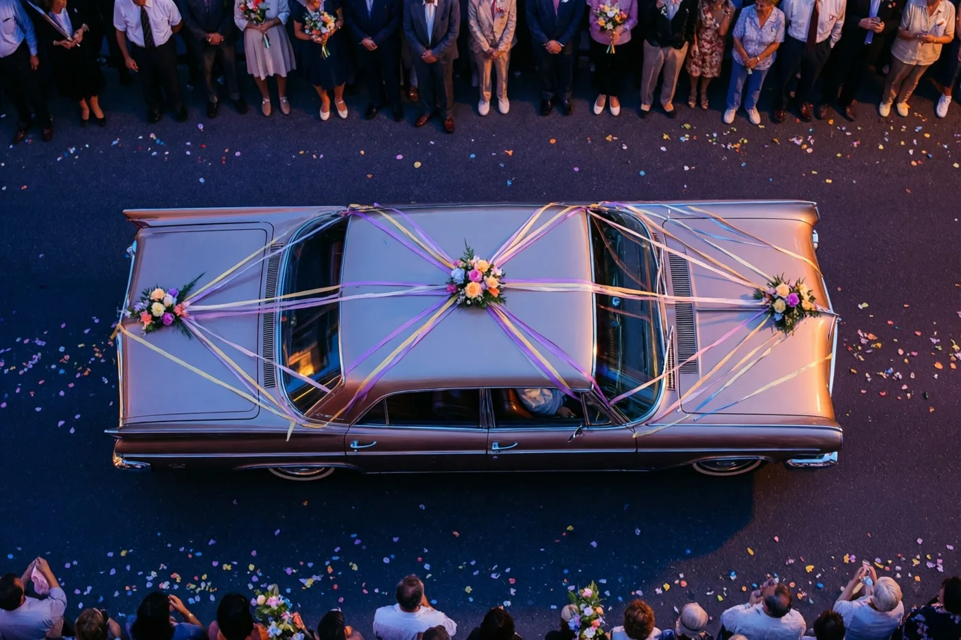 Van bovenaf is een auto uit de jaren zestig te zien met kleurrijke slingers en bloemstukken, tussen mensen in een straat vol confetti in warm goudkleurig licht.