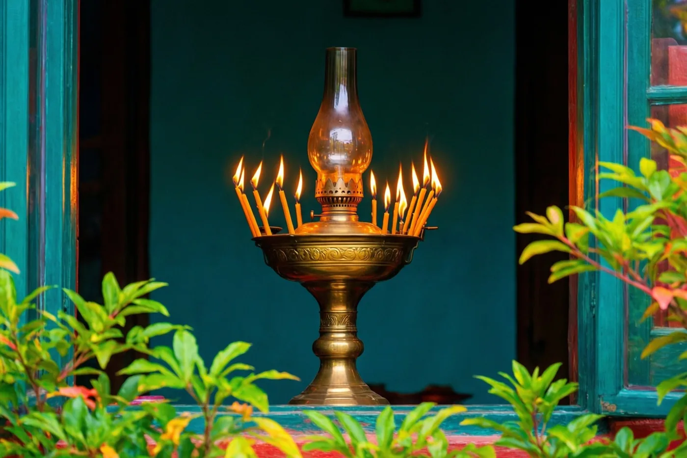 Een hoge messing olielamp met meerdere brandende lonten staat op een vensterbank tussen groen gebladerte, voor een donkere blauwgroene muur.