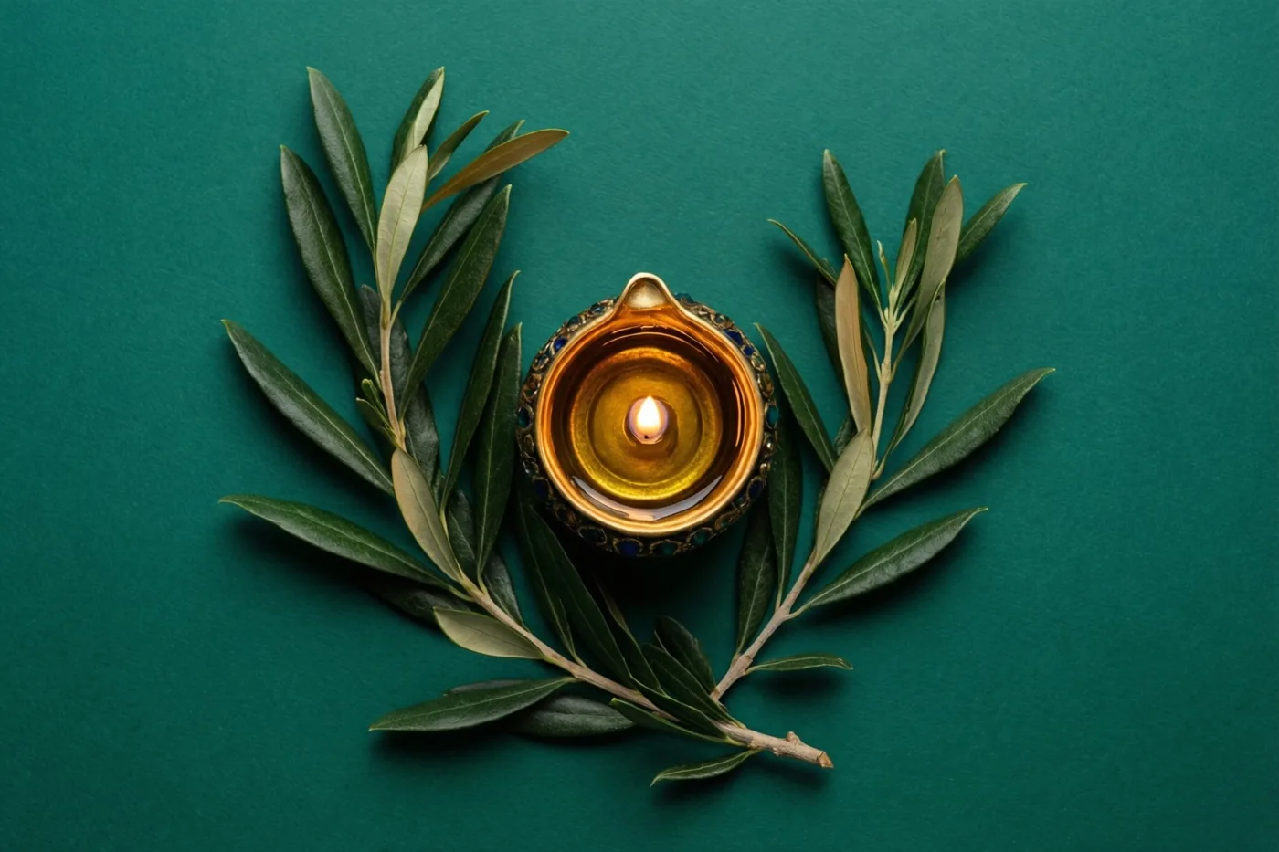 Een kleine brandende olielamp die op een Chanoekakandelaar lijkt staat tussen twee olijftakken tegen een effen groene achtergrond.